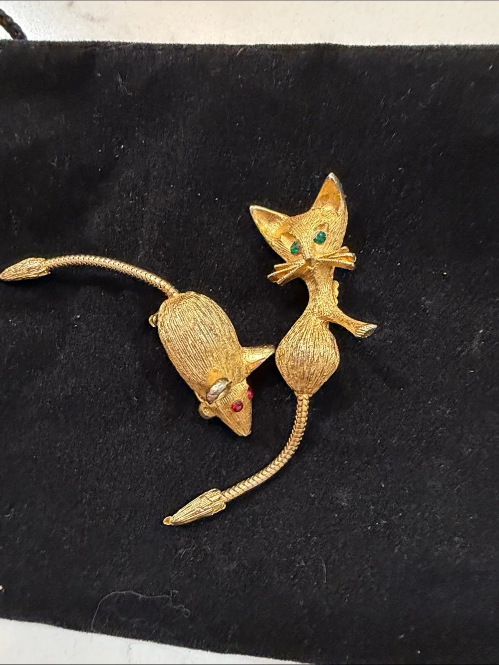 Gold Cat & Mouse Brooch Set with Colored Gem Eyes